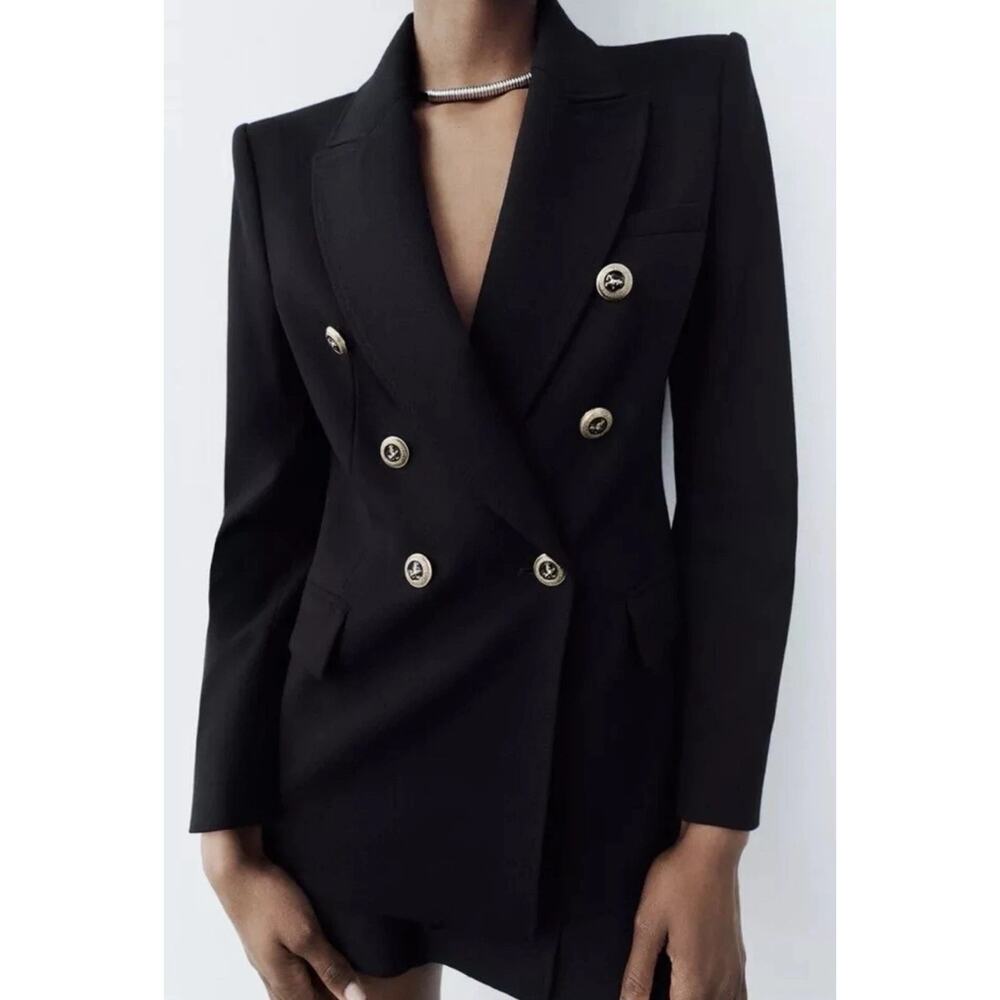 ZARA Tailored Double Breasted Gold Button Black Blazer Size Medium - Picture 2 of 10